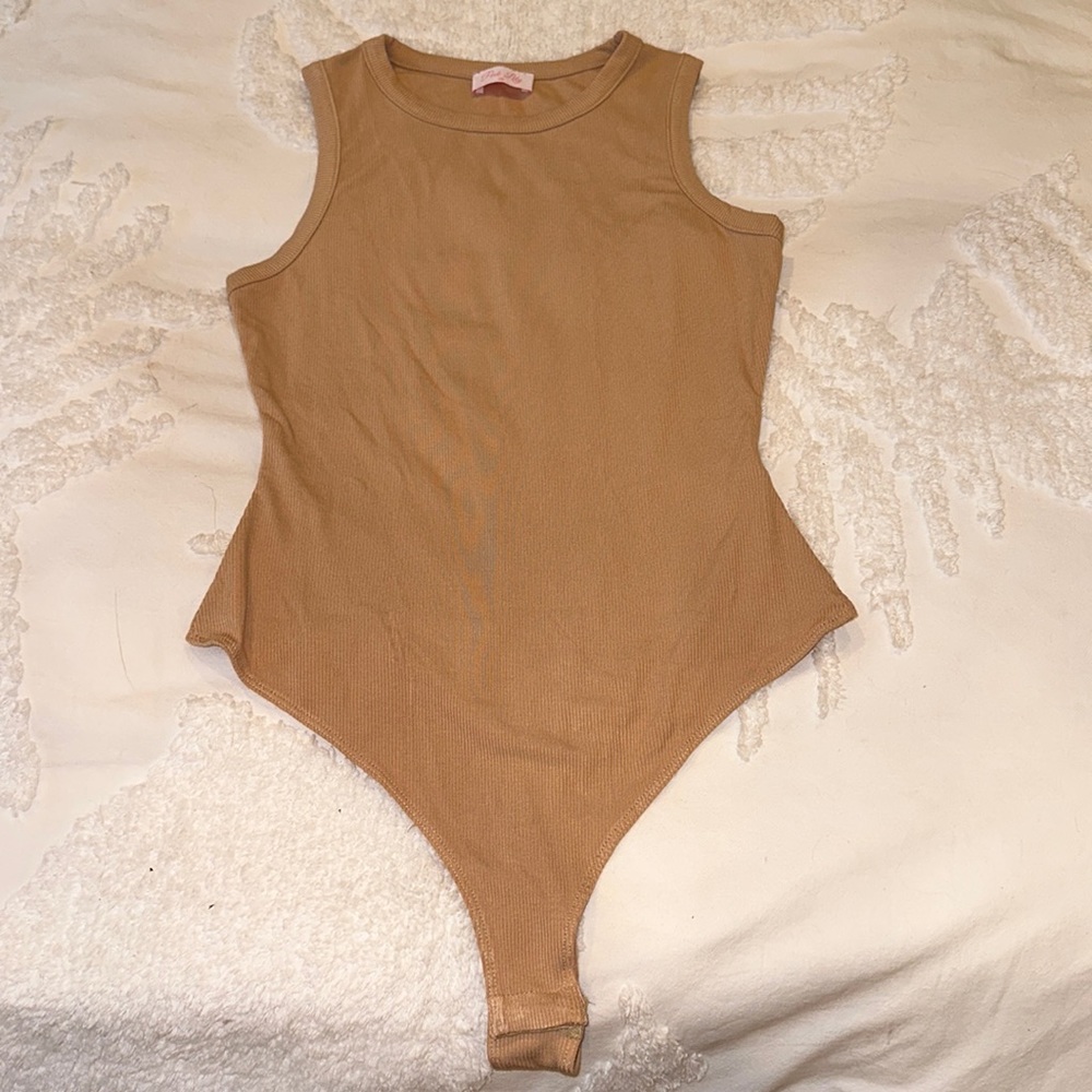Pink Lily High Neck Ribbed Bodysuit - BEIGE